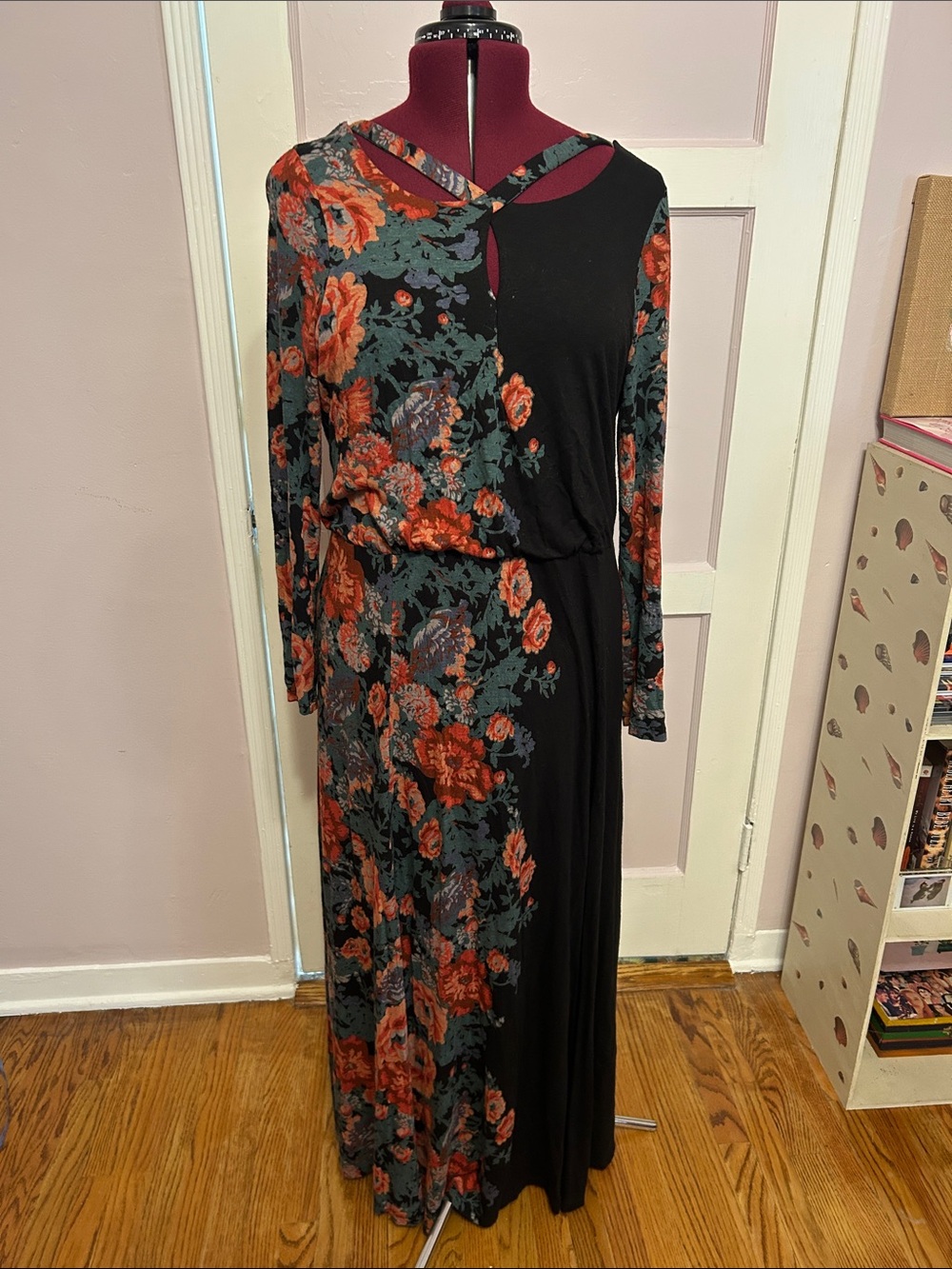 Free People Black Maxi Dress with Rust Floral Panel